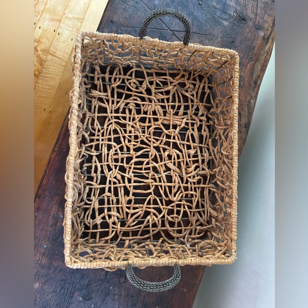 Large boho woven basket tray, wire handles and reinforced, clean, sturdy